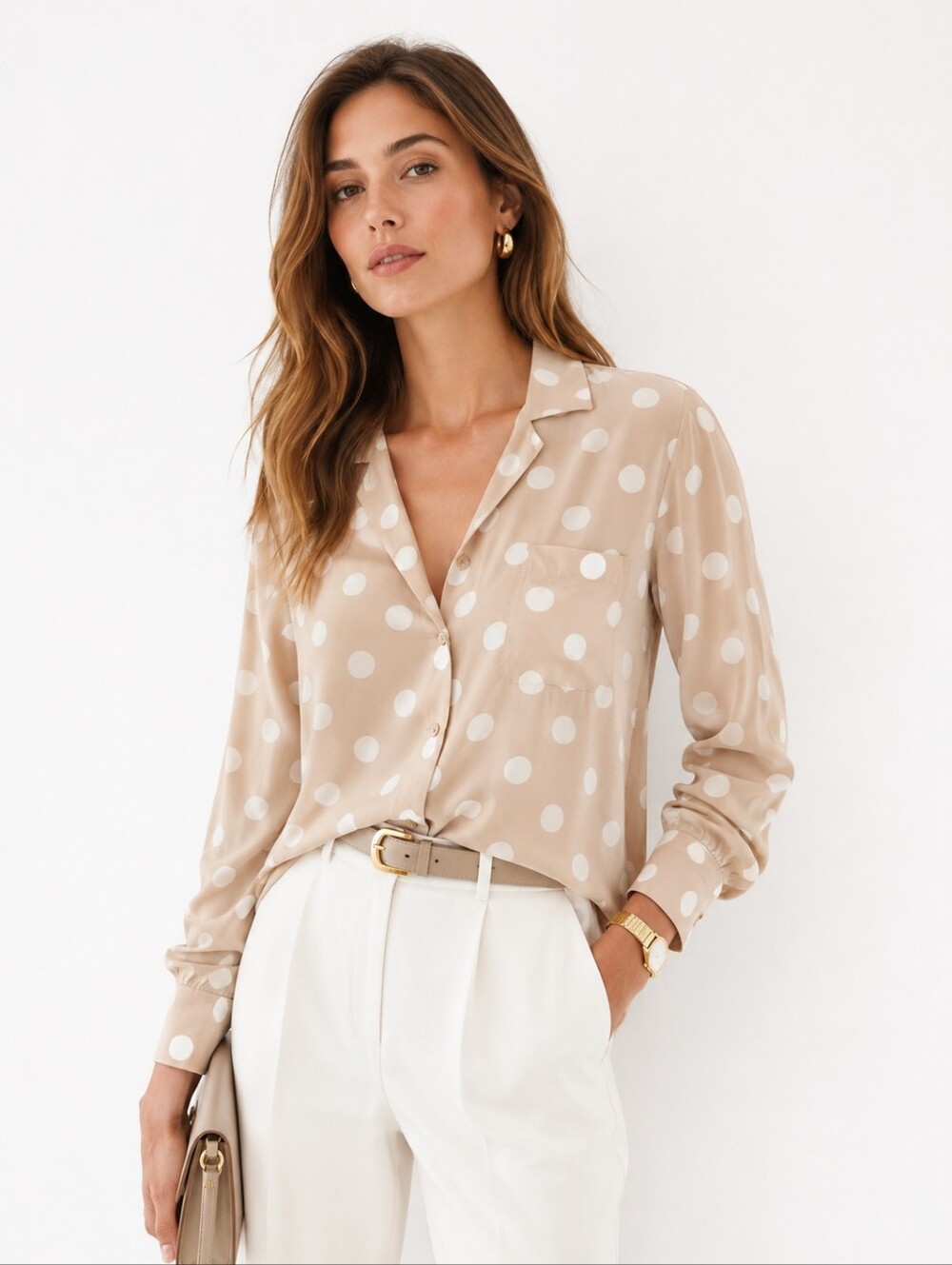 Equipment Women's Silk Classic Beige White Polka Dot Button Down Top Long Sleeve